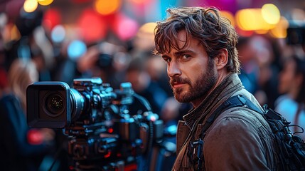 Fototapeta premium Cameraman with Professional Video Camera at Event