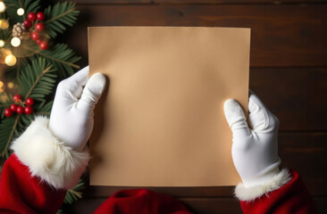 Top view, a piece of paper in the hands of Santa Claus. The hands are wearing white gloves. On a wooden background Christmas balls and fir branches festive bokeh in blur. Mock up