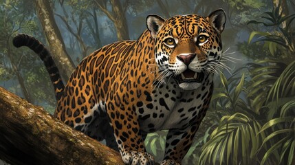Obraz premium A majestic jaguar with a powerful presence sits on a tree branch in a lush jungle setting.