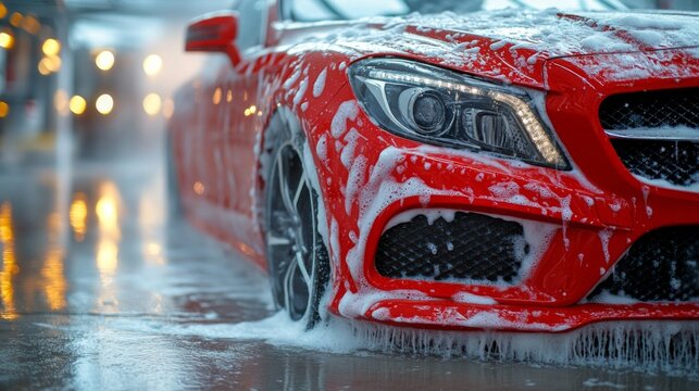 A red sports car covered in foam stands in a car wash, with soap and water splattering as it is meticulously cleaned under warm evening lights.