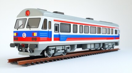 Obraz premium A white, red, and blue passenger train with a rounded front and a red circle on the roof sits on a set of tracks against a white background.