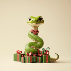 Naklejka premium Symbol of 2025, a funny green snake in a Christmas costume with gift boxes. Empty space on one side