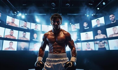 the athlete stands against a backdrop of glowing screens - Powered by Adobe