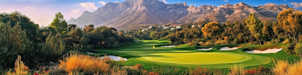 Obraz premium Stunning Golf Course Landscape Surrounded by Majestic Mountains