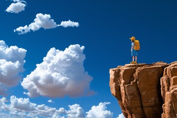 A pixelated traveler standing at the edge of a cliff, with animated clouds drifting by