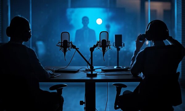 podcast recording studio and silhouettes of people