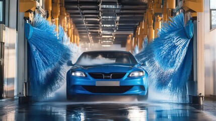 A blue car being washed in an automated car wash with water spraying from rotating brushes.