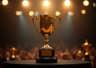 Golden trophy shines brightly under lights at podium awards ceremony today.