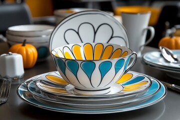 A retro Thanksgiving table setup with 1950s-style dinnerware, evoking nostalgia