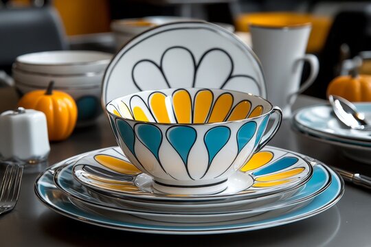 A retro Thanksgiving table setup with 1950s-style dinnerware, evoking nostalgia