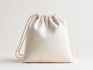 Floating blank canvas drawstring bag, white background, simple and elegant design for modern branding mockups