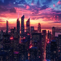 Fototapeta premium Realistic City Skyline at Sunset with Vibrant Colors