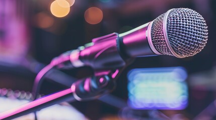 Close-up of microphone on stand in soundproof recording studio, positioned in front of script stand, symbolizing voice acting and audio production.