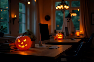 Obraz premium glowing jack lantern office desk and computers office decoration happy halloween