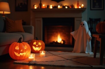 glowing jack lantern on the floor and burning candle and white ghost on the background of burning fireplace