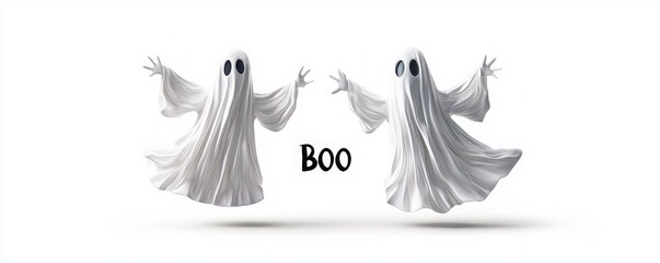 Two playful ghosts with arms raised, featuring the word "Boo" in the center, evoke a spooky yet fun Halloween vibe.