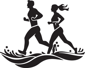 Simple logo of two man running runners and woman front view minimalist sea aesthetic for a running race on a white background
