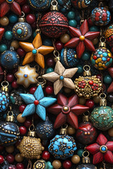 Fototapeta premium A colorful array of decorative ornaments featuring intricate designs, stars, and beads, perfect for festive occasions or holiday decor.