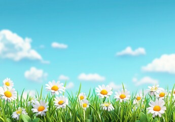Fototapeta premium Spring landscape with blue sky, green grass, and daisies, nature banner on a sunny day