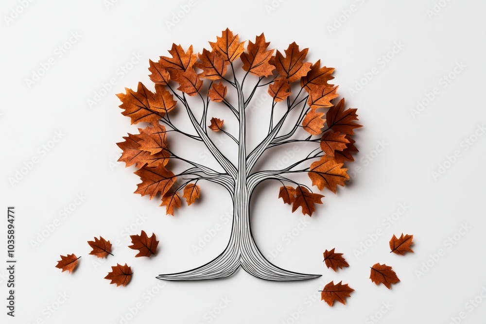 Poster a simple line drawing of a tree, with rust-colored leaves scattered at the base