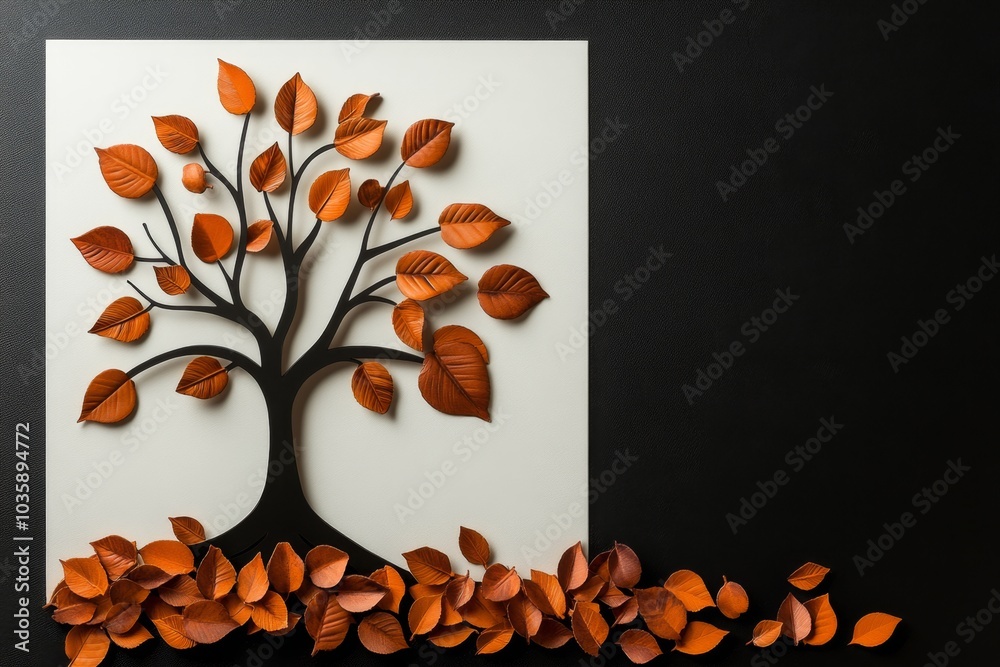 Poster a simple line drawing of a tree, with rust-colored leaves scattered at the base