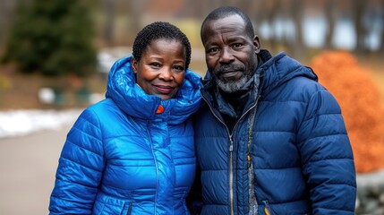 Smiling couple in blue jackets embracing outdoors in autumn park