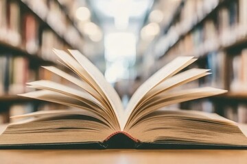 Fototapeta premium Open book in library aisle with blurred shelves in background