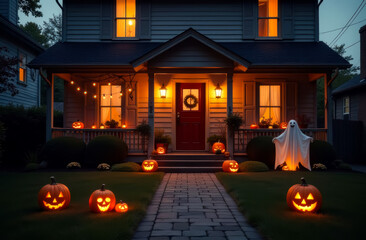 yard lawn near the house at night decorated with luminous jack lanterns against the backdrop of the house
