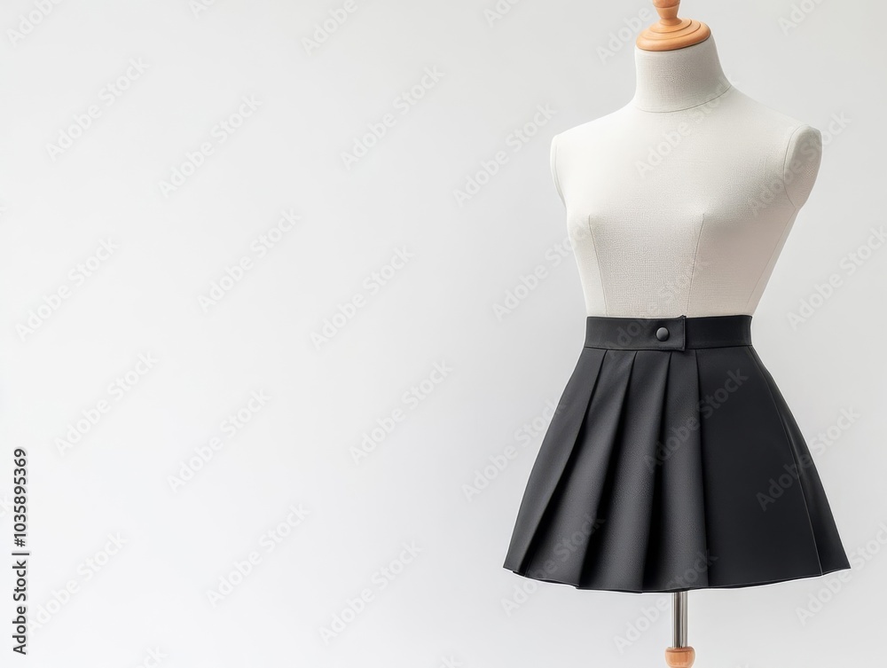 Wall mural blank black mini skirt on mannequin, smooth texture, isolated on clean white background for branding