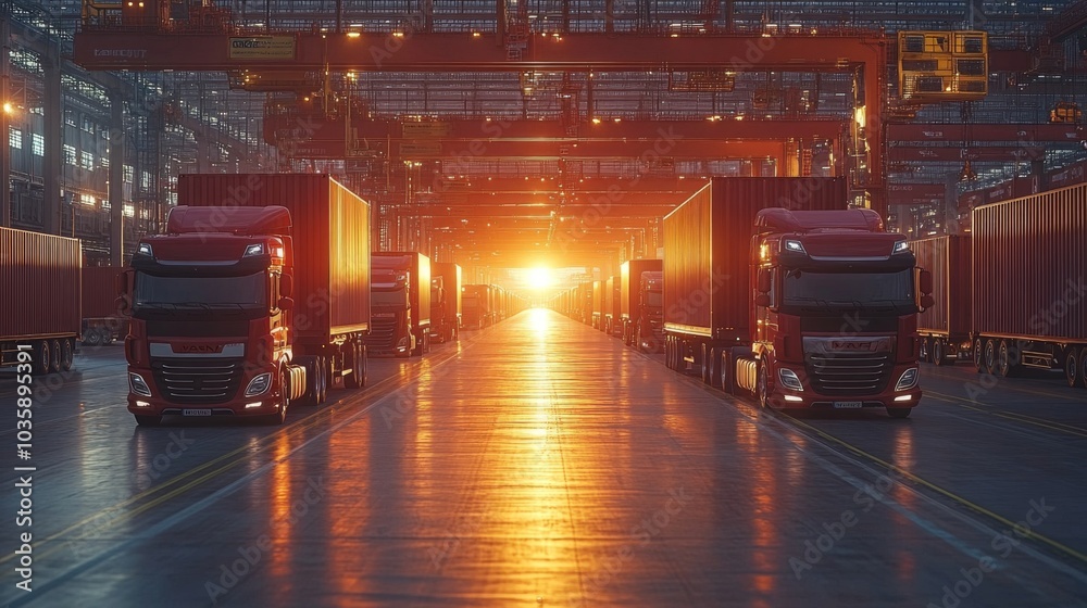 Poster trucks are neatly arranged in a large warehouse as the sun sets, illuminating the space with a warm 