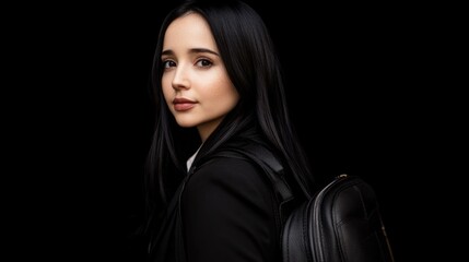 Confident young woman with long black hair and backpack against dark background