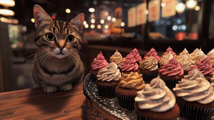 A Cat is Seated in Front of a Display of Various Cupcakes.