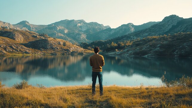 A young man taking in the scenery while standing close to a lake and a mountain.