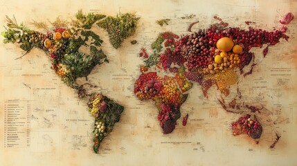 A world map made out of various fruits, vegetables, and grains.