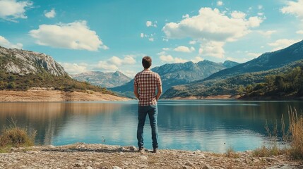 Fototapeta premium A young man taking in the scenery while standing close to a lake and a mountain.