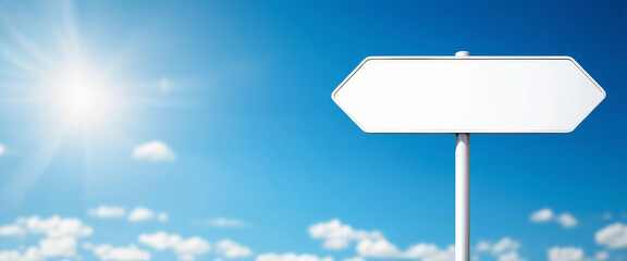Minimalistic white signpost against clear blue sky with empty, blank copy space for text