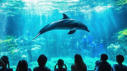 Obraz premium A lone dolphin swims gracefully in an aquarium tank, watched by a group of people.