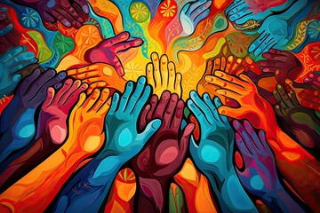 A group of diverse hands reach toward a central flame symbolizing unity collaboration and the power of community connection in a colorful display