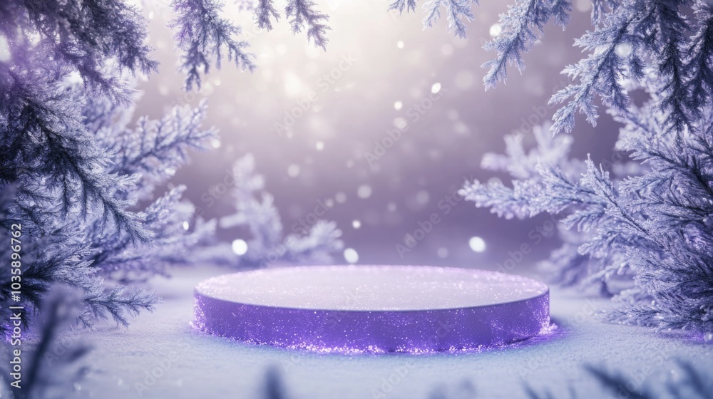 Aufkleber the scene features a circular purple platform in the midst of a snowy forest, illuminated by soft li