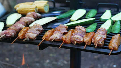 Assortment of meat and vegetables grilling over an open flame, including skewers of meat, zucchini, and corn, essence of outdoor barbecue cooking
