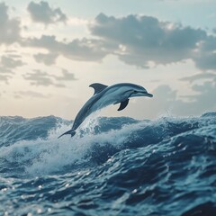Fototapeta premium A solitary dolphin leaping out of the water, its body arching gracefully through the air