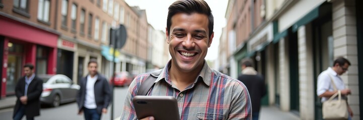 Obraz premium Happy Man Using Smartphone in City Street, Joyful Urban Lifestyle Concept.