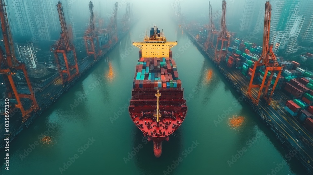 Poster a large cargo ship makes its way through a misty harbor, flanked by towering cranes and stacks of br
