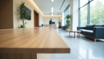 Modern Office Interior Design, Wooden Table in a Bright Lobby with Blurred Background, Concept of Business, Workplace and Success.