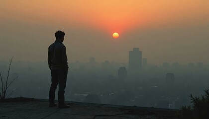 Fototapeta premium Silhouette of a Man Contemplating a Hazy Cityscape at Sunset, Concept of Urban Solitude and Reflection.