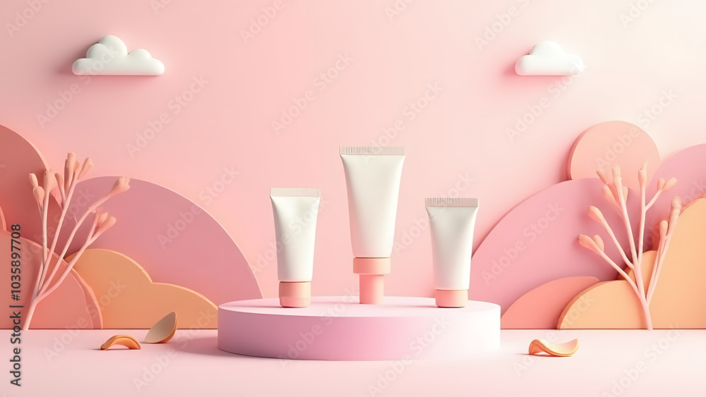 Poster minimal 3d display for summer cosmetic product presentation using vector scene nature landscape elem