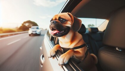 Naklejka premium Puggle enjoying a car ride with its head out the window
