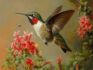 Naklejka premium moody oil painting, muted colors, Ruby-throated hummingbird feeding on nectar