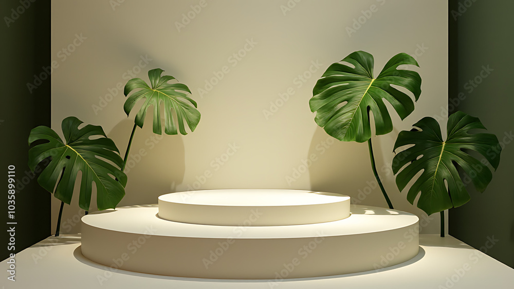 Poster Minimalist podium features natural leaf lighting for product display showcase in macro photography settings.
