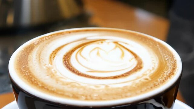 A cup of freshly brewed latte with a beautiful swirl pattern in the frothy milk. The close-up shot captures the artistry of coffee-making and the creamy texture of the drink.